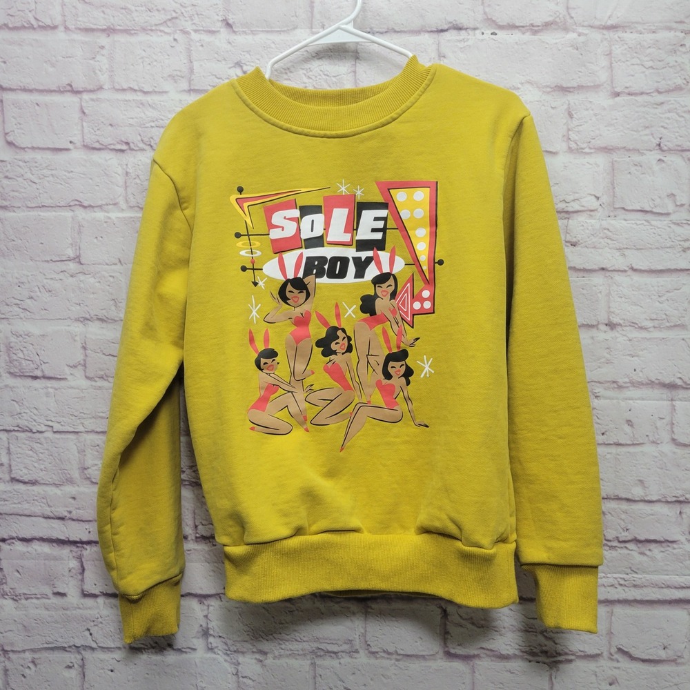 Soleboy Retro Graphic Sweatshirt Size M Crewneck Mustard Yellow Streetwear *FLAW